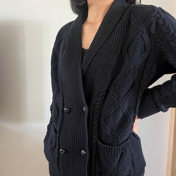 90s black grandpa sweater button down shawl collar cable knit cardigan large - Picture 5 of 13